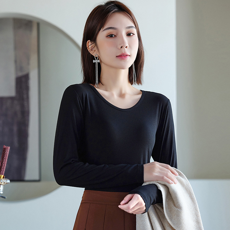 Camiseta de manga larga para mujer, cuello en V, acanalada, de color sólido, para otoño e invierno, modelo T2024