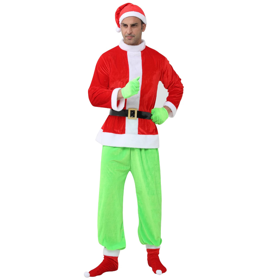 Navidad en stock Cosplay ropa Santa Claus extraño pelo verde extraño Grinch partido rendimiento ropa europea y americana