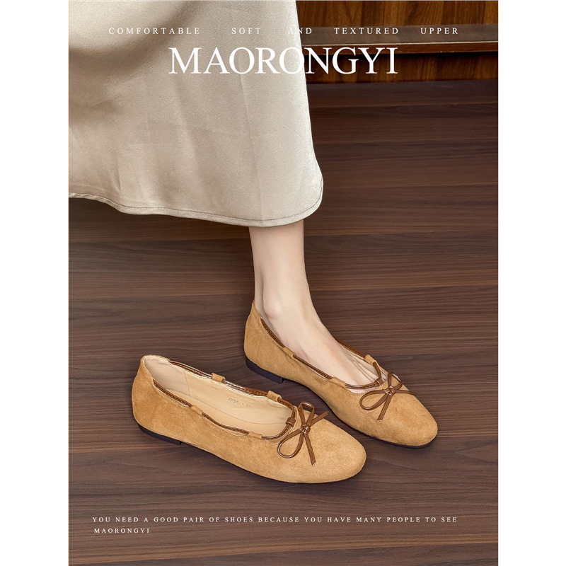 【】2026 Spring New Korean Style Flat Bowknot Suede Square-Toe Women's Soft Sole Granny Shoes