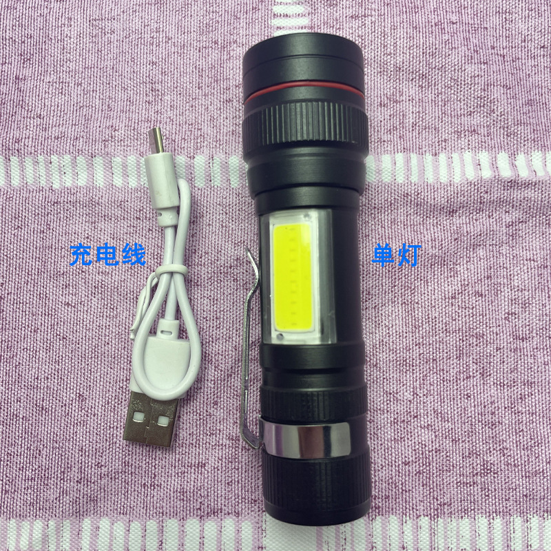 Mini T6 linterna de luz fuerte incorporada 18650 batería de litio telescópica zoom luz lateral COB con titular de la pluma pequeño portátil al por mayor