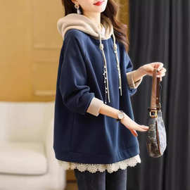 跨境 2023秋冬新款韩版加绒加厚拼色连帽卫衣女大码宽松胖mm200斤