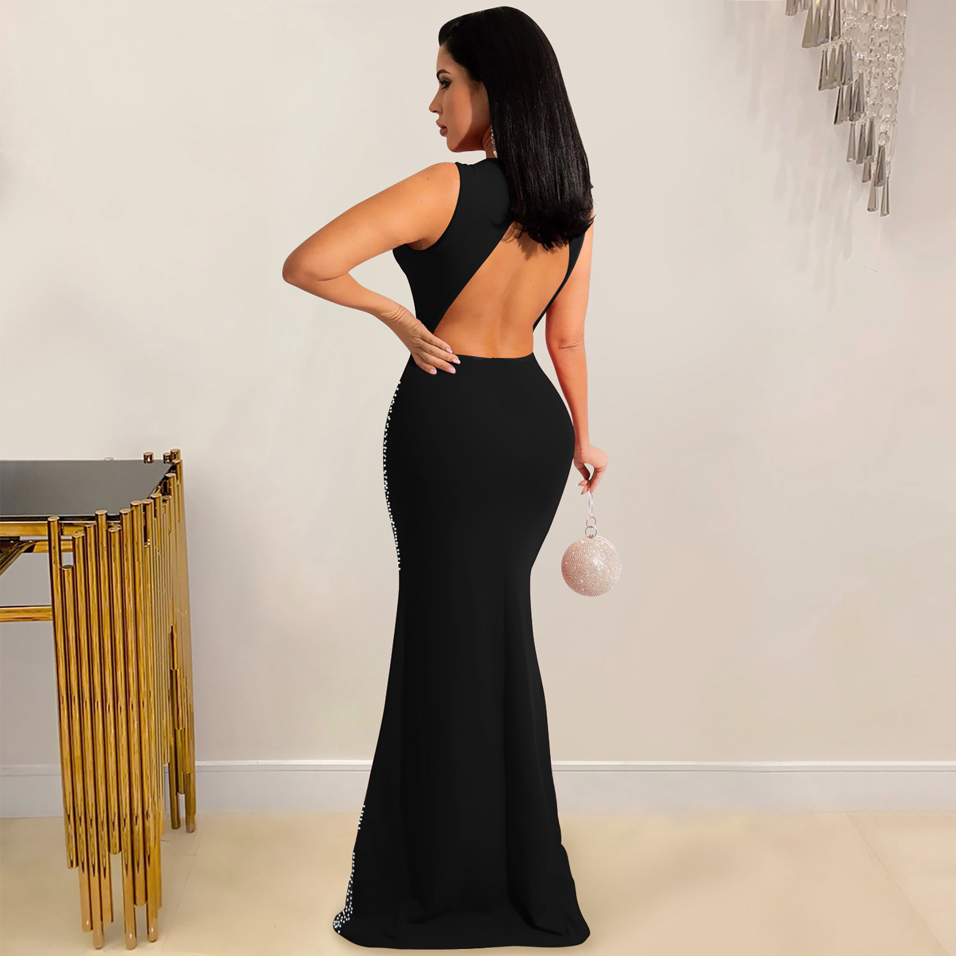 sexy sleeveless perspective mesh stitching hot drilling  backless long dress  NSHBG123759