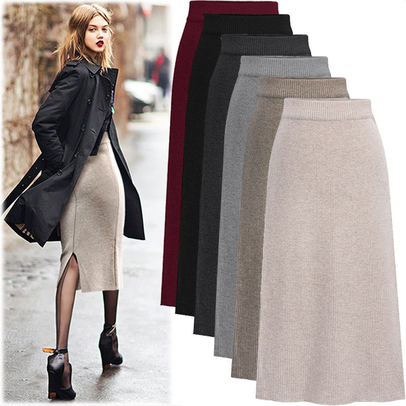 Skirt women's slimming mid-length plus size woolen skirt split hip skirt one-step skirt high waist long skirt 75cm