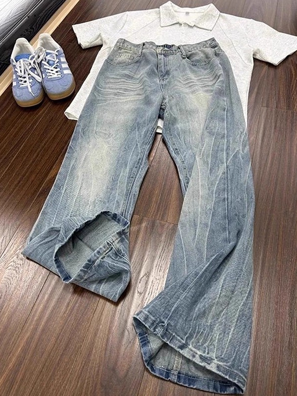 美式黑色爆裂纹牛仔裤男款春秋新款潮牌高街修身百搭弯刀微喇裤子|undefined
