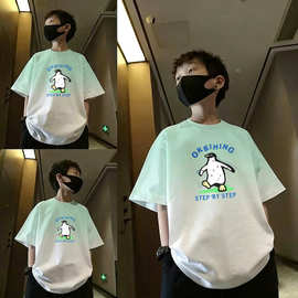 男童夏季宽松扎染渐变短袖T恤男孩韩版洋气中大童学生卡通风上衣