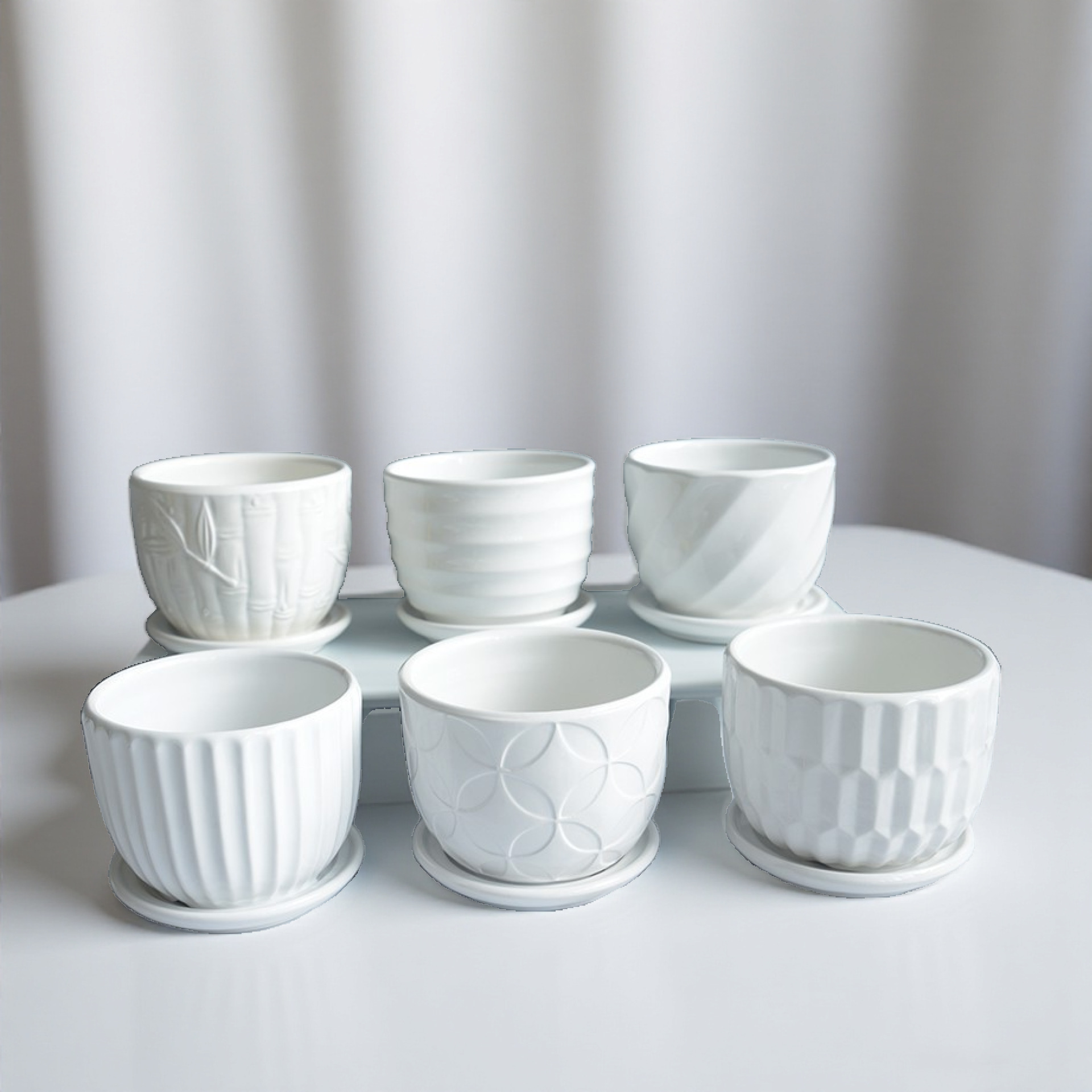 Cross-border Ceramic Flower Pot, White, Simple Striped Design, Small Size, With Tray, Suitable For Succulent Plants,_voghion.com