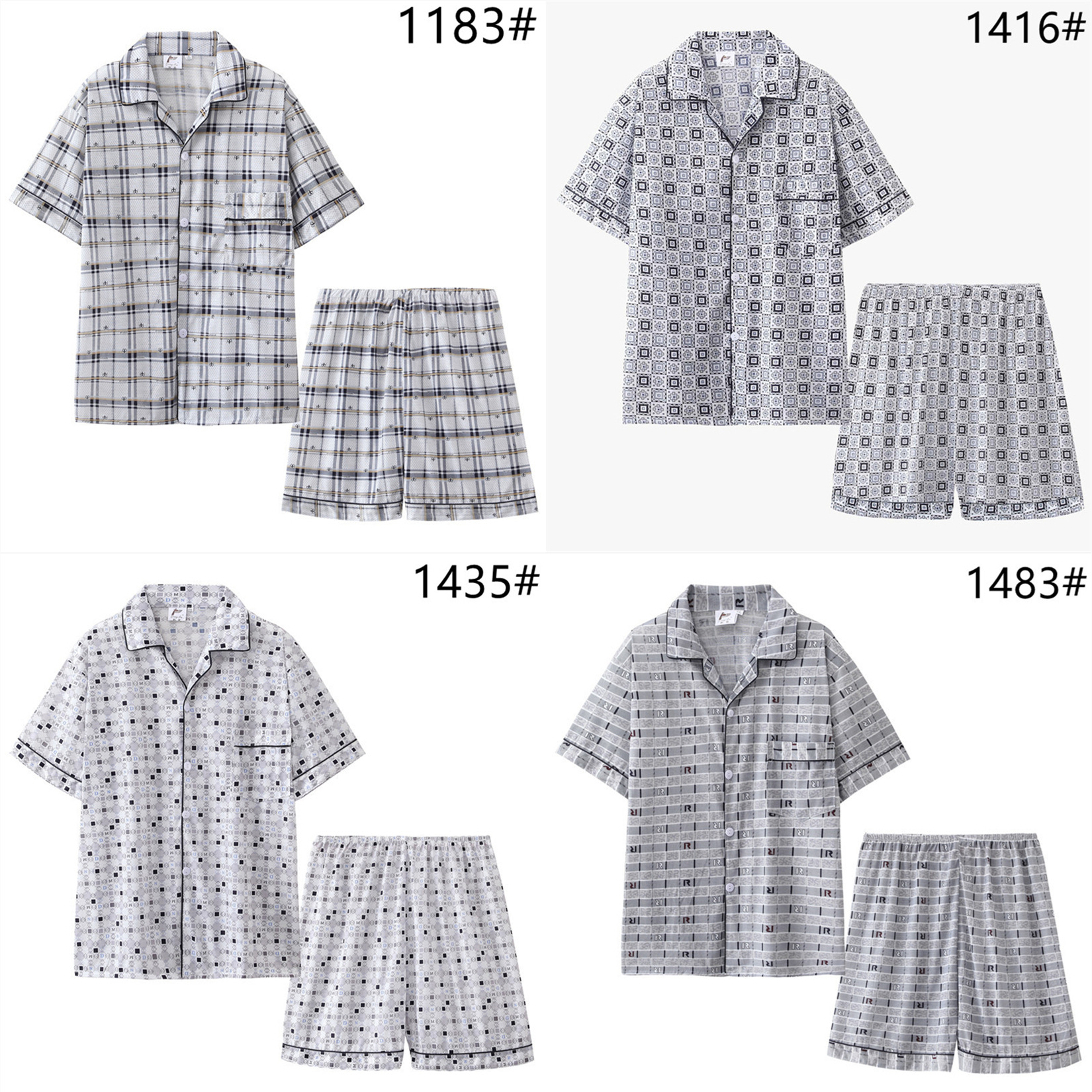 Pijamas de verano pantalones cortos de manga corta para jóvenes de los hombres conjunto de dos piezas simple cuadros sueltos de mediana edad y ancianos ropa para el hogar casual más tamaño