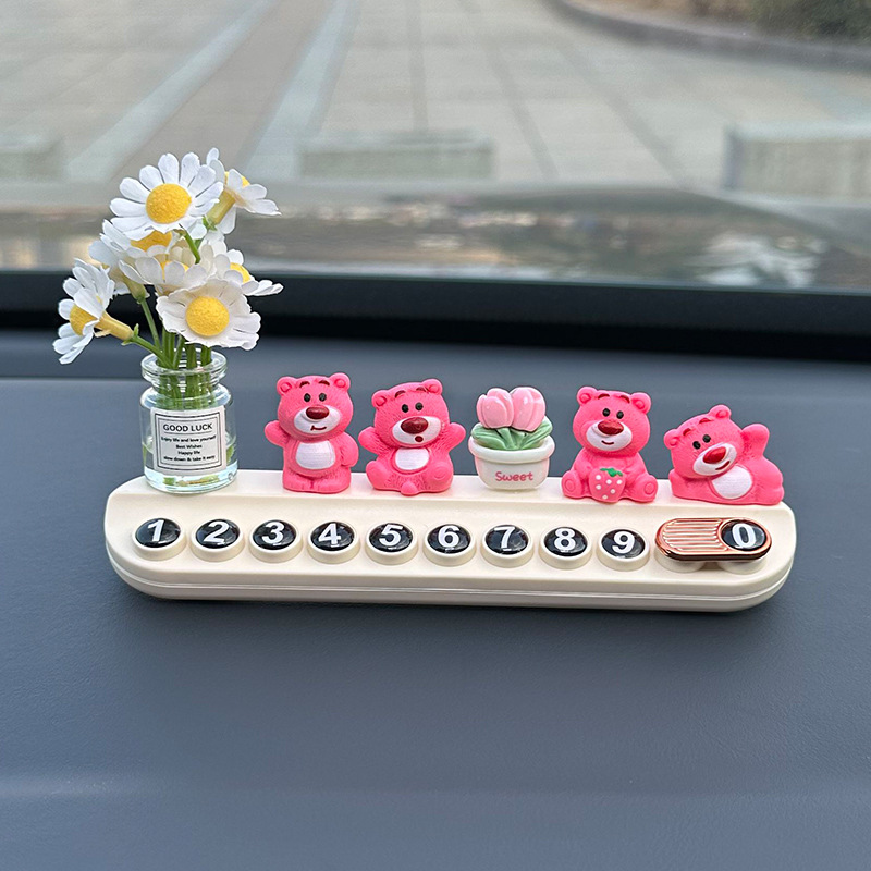 Placa de estacionamiento 2025 nuevo lindo oso de fresa coche tarjeta telefónica accesorios de automóviles adornos de mujer