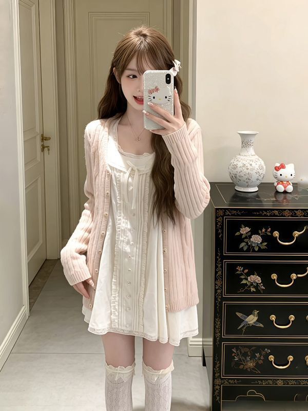 Early Spring Korean-Style Outfit Set for Petite Women: Cable-Knit Cardigan Paired with Sleeveless Doll-Collar Dress