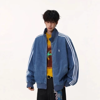美式三道杠条纹牛仔棒球服外套男女刺绣上衣设计感高级短款夹克衫