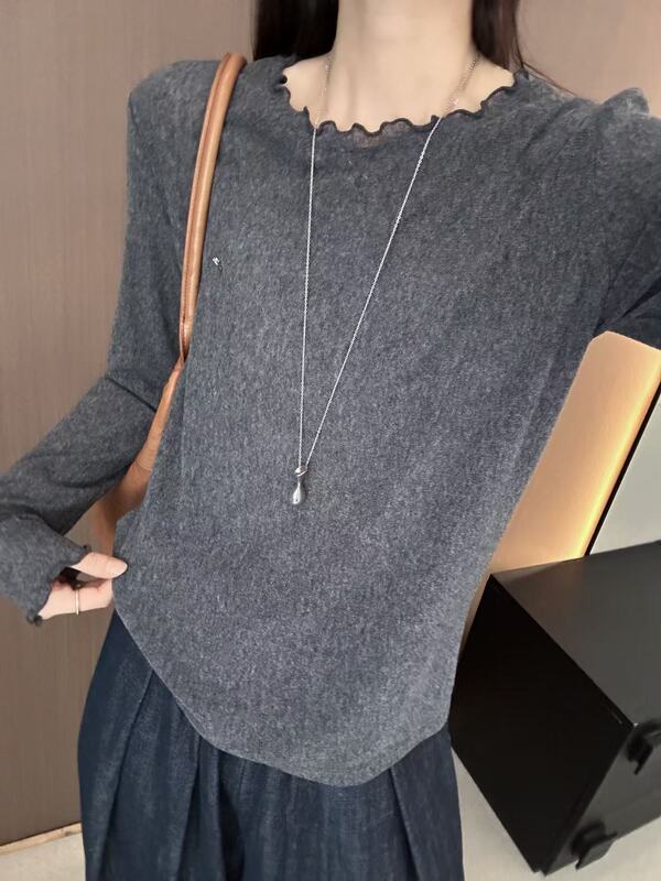 正版秋新款圆领宽松显瘦百搭木耳边长袖T恤打底衫上衣女|undefined