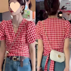 甜美小个子领短袖格子衬衫女夏季小清新收腰衬衣后背绑带短上衣