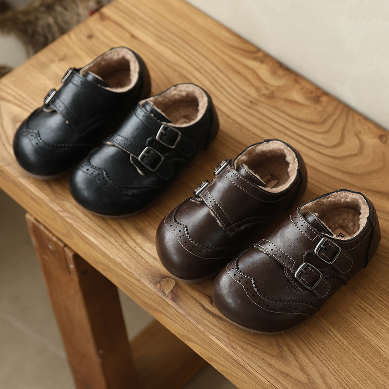 Cross-Border Genuine Leather Children's Leather Shoes Autumn and Winter Plus Velvet Warm Baby Shoes Retro British Style Carved Boys' Cotton Shoes