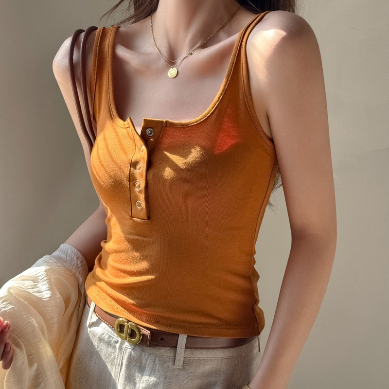 Spring and Summer Design-Inspired Button Ribbed Camisole for Women, High-End Fashion Style, Can Be Worn as a Base Layer or Outerwear Spring and Summer Design-Inspired Button Ribbed Camisole for Women, High-End Fashion Style, Can Be Worn as a Base Layer or Outerwear