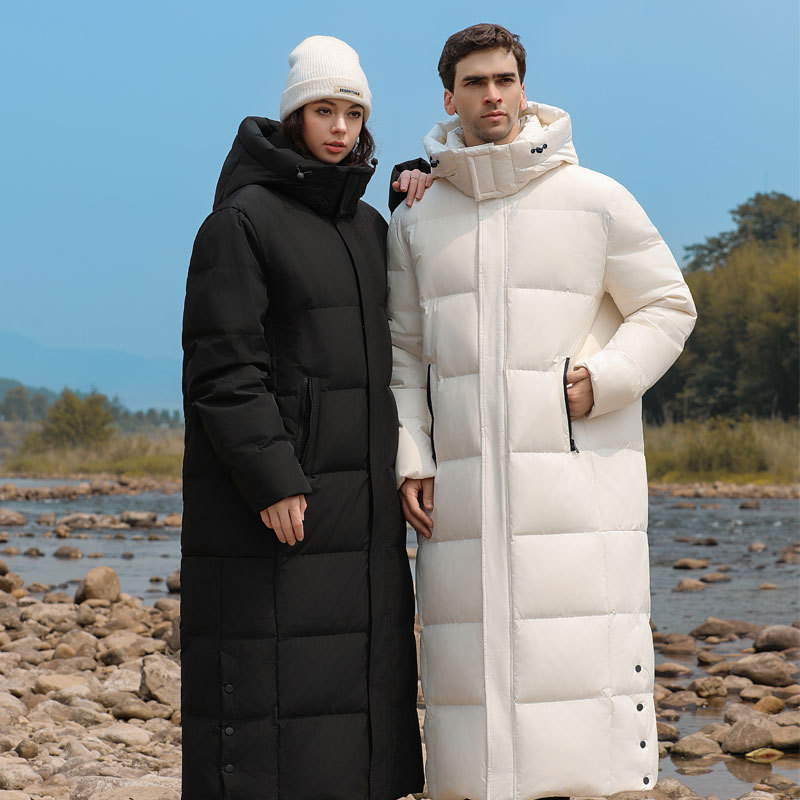 Extra-Long Couple’s Down Coat – 600FP White Goose Feather, Waterproof & Breathable, Oversized Korean Style (M-4XL, Black/Cream Unisex)_voghion.com