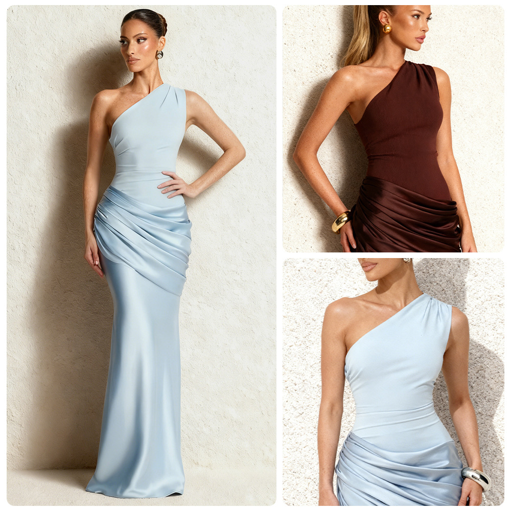 European and American 2025 Slanted Shoulder Pleated Long Dress, Slim Fit Hip-Hugging Fishtail Skirt, Banquet Evening Dress with Accessible Luxury Texture