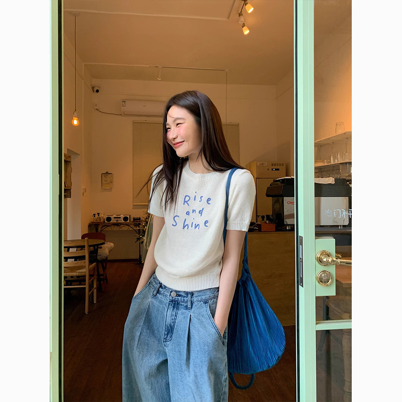 Japanese-Style Fresh White Embroidered Letter Loose Knit Short-Sleeve T-Shirt for Women, Summer Casual Short Slim Top