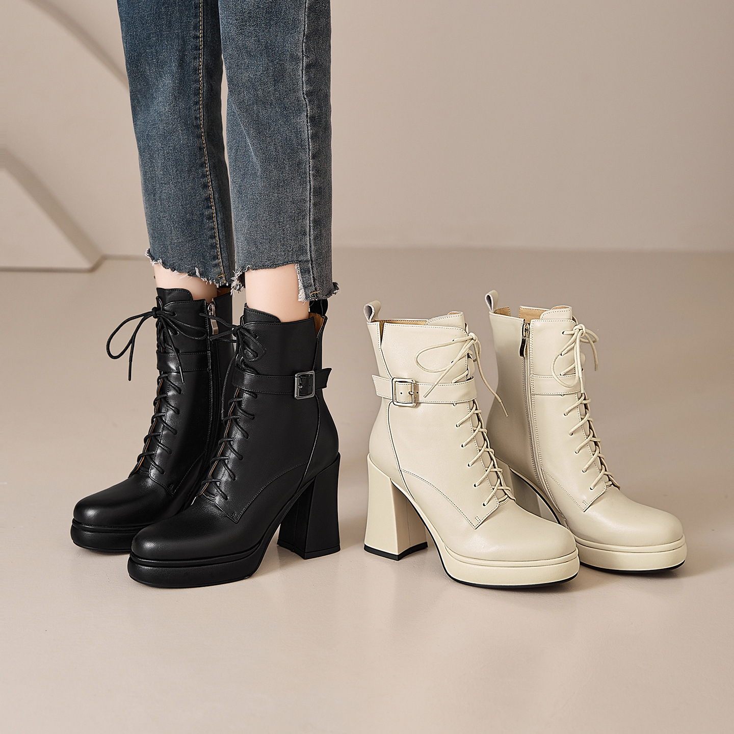 Giày boot nữ da thật cổ ngắn dây buộc gót vuông 10 cm đế dày mùa thu đông — màu đen, Màu trắng nhạt