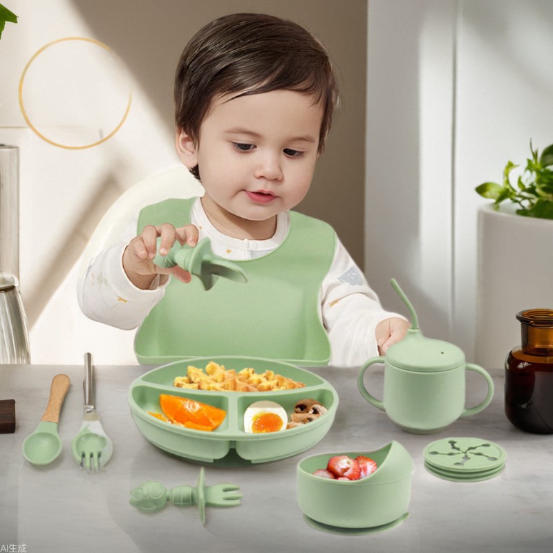 Venta caliente transfronteriza de alimentos complementarios para niños plato de silicona tazón tenedor cuchara babero 9 piezas traje de vajilla traje de placa resistente a la caída