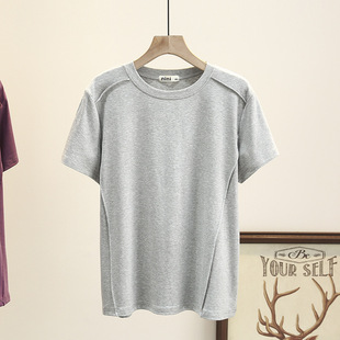 Large size women's spring and summer new 200kg fat MM Joker casual three-dimensional line short sleeve solid color T-shirt 8101