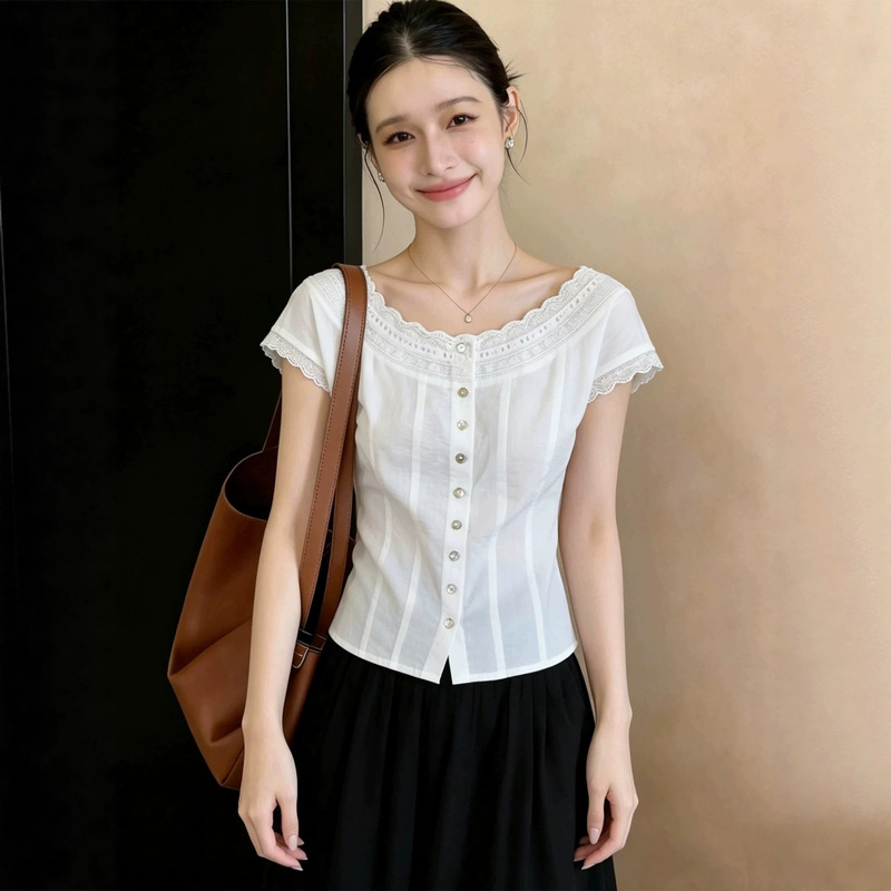 French Retro White Shirt for Women, Summer Lace Round Neck, Waist-Cinching, Slimming, Short Sleeves French Retro White Shirt for Women, Summer Lace Round Neck, Waist-Cinching, Slimming, Short Sleeves