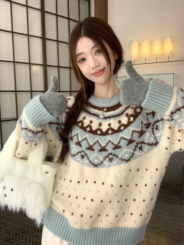 复古提花撞色加厚保暖长袖毛衣女2025冬季新款宽松外穿针织衫上衣|undefined
