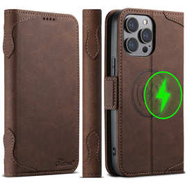 适用iPhone17ProMax翻盖手机壳MagSafe无线充电三星插卡支架皮套