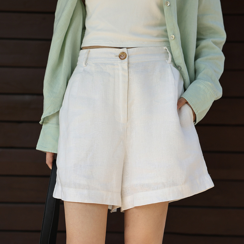 High-Quality Pure Linen Shorts for Women Summer New White Casual Simple A-Line Pants Loose Commuter High-Waisted Pants