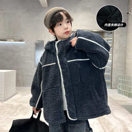 男童秋冬夹棉外套2025新款男大童深秋加厚毛毛衣连帽灰色保暖上衣