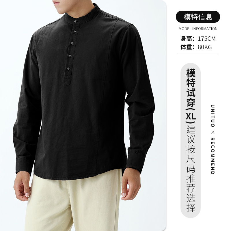 Nueva camisa de algodón chino de alta calidad Waffle Henry cuello camiseta de manga larga camiseta de hombre camiseta de base casual