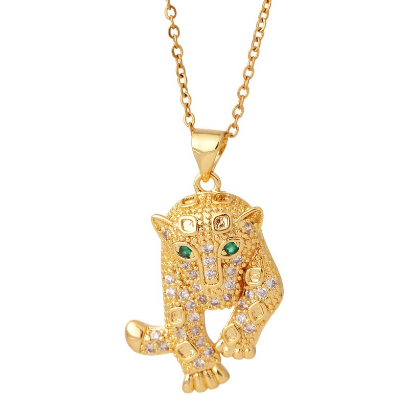 Marca de moda europea y americana personalidad animal hip hop joyería de cobre con incrustaciones de circón chapado en oro cabeza de leopardo guepardo colgante collar suéter cadena