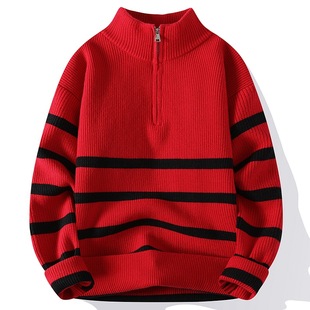 Autumn and Winter New Half-turtleneck Sweater Striped Men's Slim-fit Sweater Long-sleeved Zipper Men's Base Sweater