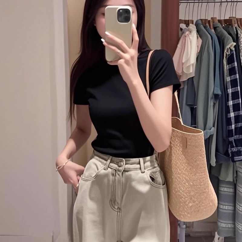 2025新款泰式多巴胺橘色印花正肩短袖T恤女夏季穿搭圆领体恤上衣|undefined
