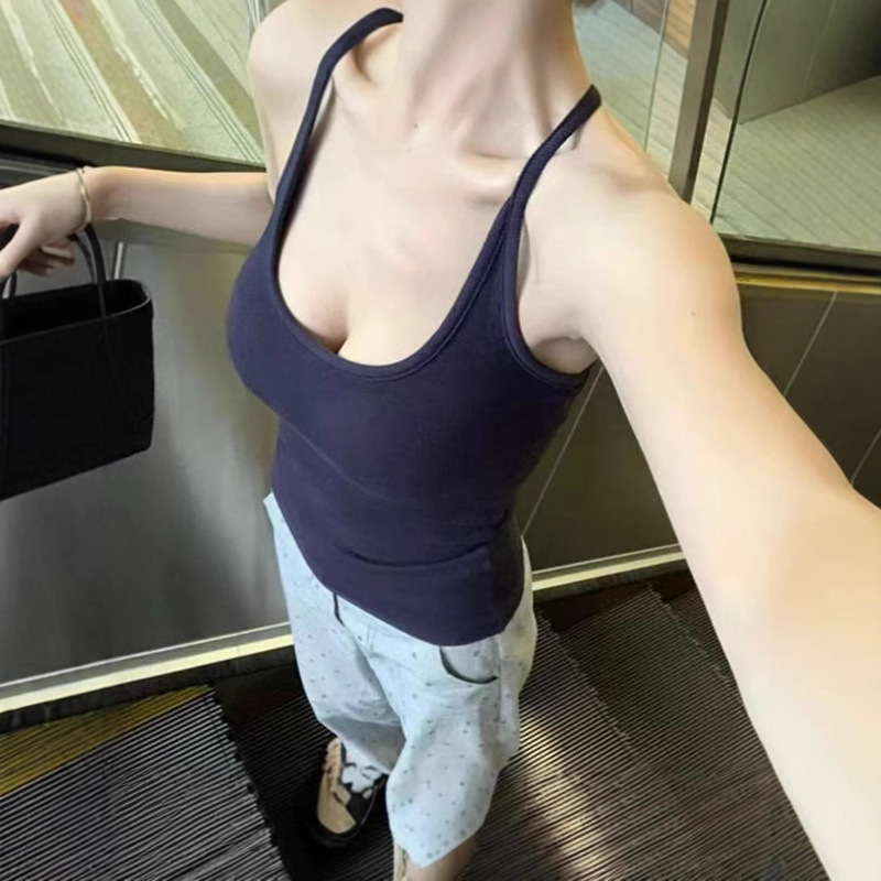 Pure Spice Girls White Halter Camisole Women's Vest with Chest Pad Summer New Slim-fit Slimming Backless Base Top