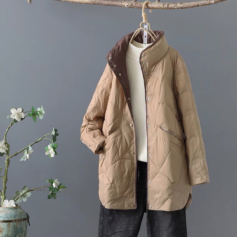 Vintage Artistic Mid-length Vertical Collar Down Jacket Women's Winter Loose Slimming Embossed 90 White Duck Down Casual Jacket Vintage Artistic Mid-length Vertical Collar Down Jacket Women's Winter Loose Slimming Embossed 90 White Duck Down Casual Jacket