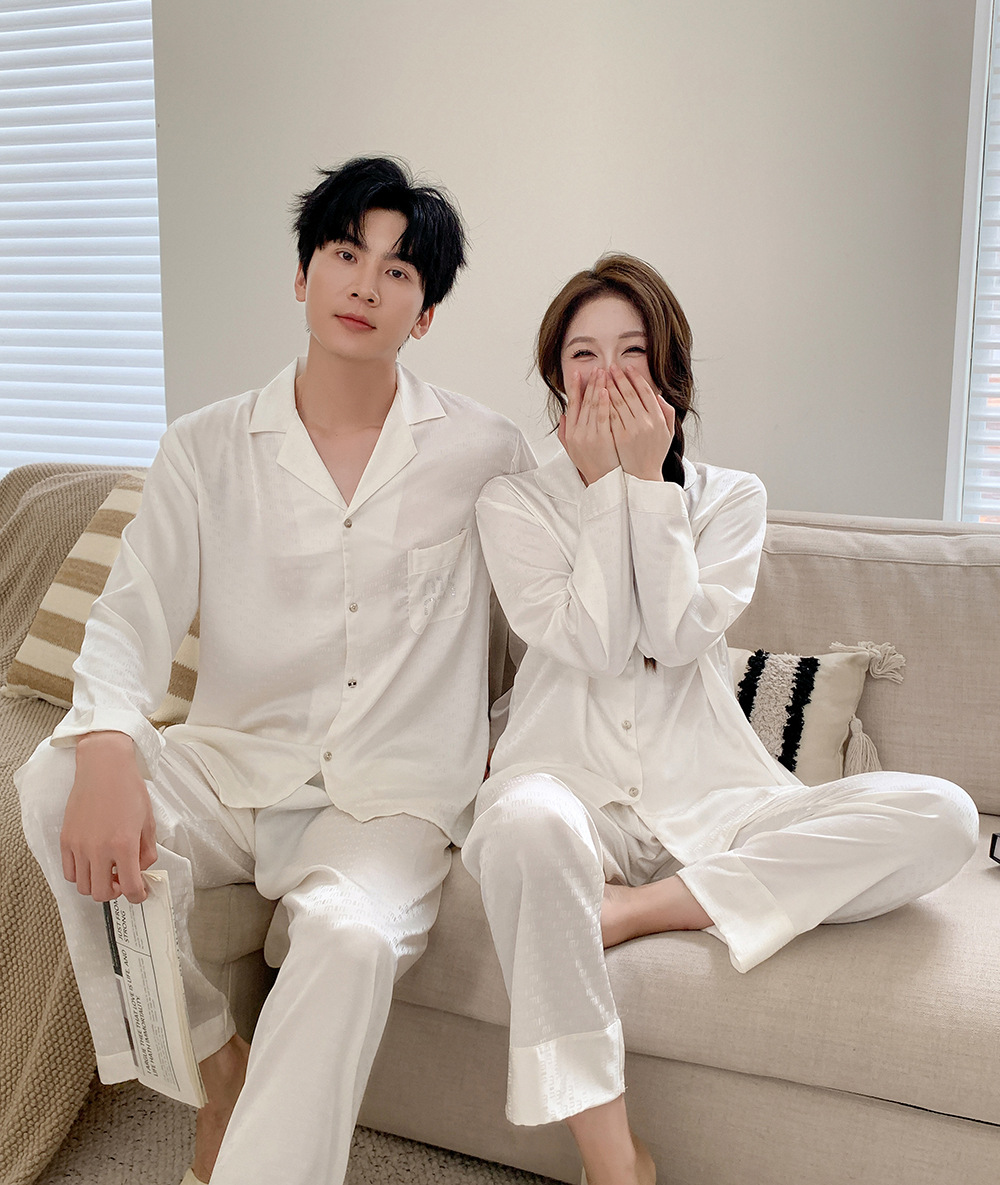 Luxuriöser Eis-seide Partner Pyjama Satin Jacquard Hausanzug_voghion.com