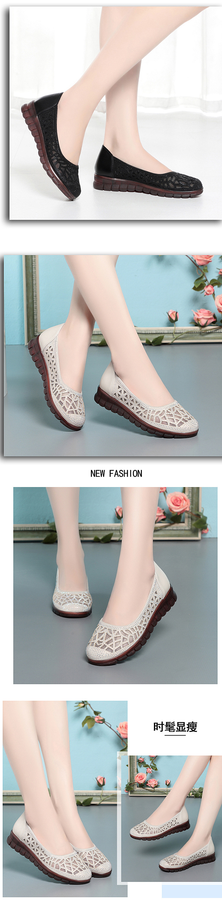 Sandal nữ da bò lỗ thoáng khí đế mềm cao su bệt — Đen【Da bò lớp đầu】 chi tiết 5