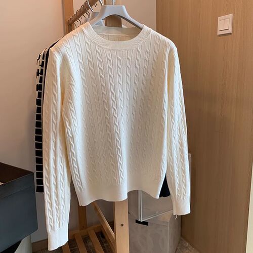 Twist sweater for women's autumn and winter soft waxy waxy all-match apricot round collar loose pullover Korean lazy-style sweater