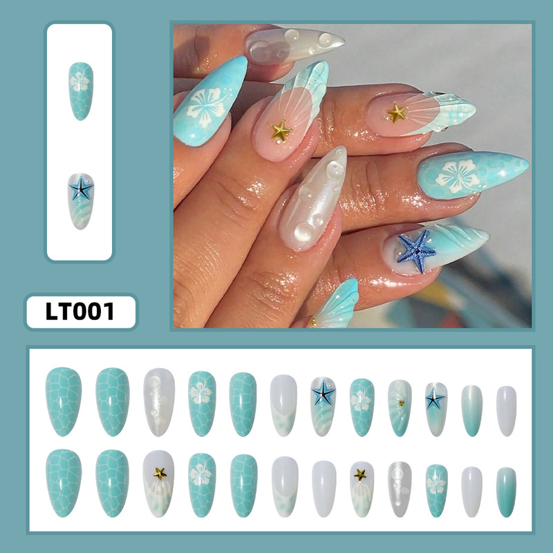 Cross-Border Dot Line Geometric Almond Nails Sky Blue Water Drop Manicure Patch Removable Finished Wearable Nails Fake Fingers Cross-Border Dot Line Geometric Almond Nails Sky Blue Water Drop Manicure Patch Removable Finished Wearable Nails Fake Fingers