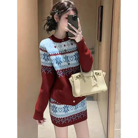 费尔岛针织套装女秋冬新年圣诞红色穿搭提花针织开衫包臀裙两件套