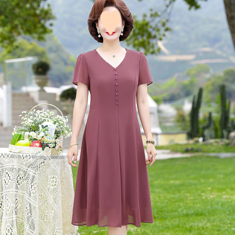 New Summer Mom Dress, Short-sleeved, Fashionable, Middle-aged and Elderly 50-year-old and 60-year-old Women's Pure Color Skirt, Slimming Look and Covering the Flesh New Summer Mom Dress, Short-sleeved, Fashionable, Middle-aged and Elderly 50-year-old and 60-year-old Women's Pure Color Skirt, Slimming Look and Covering the Flesh
