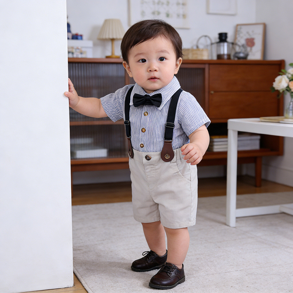 Summer Children's Suit Handsome Boy Baby Gentleman Bow-tie Shirt Suspender Pants Children's Clothes Birthday Party Dress