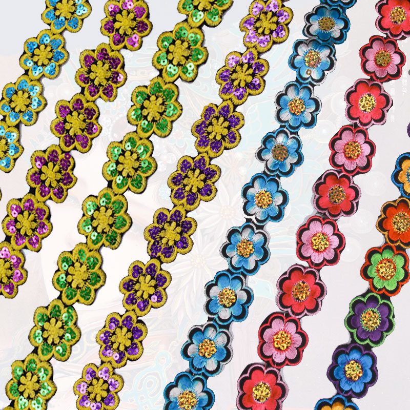 Xinjiang étnica danza rendimiento ropa lentejuelas de encaje bordado Plum Blossom pieza de oro adhesivo de tela de planchado pegatinas Hanfu Decoración