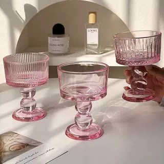 中古ins少女粉玻璃杯威士忌杯復古高腳杯甜品杯酒杯果汁杯雞尾酒