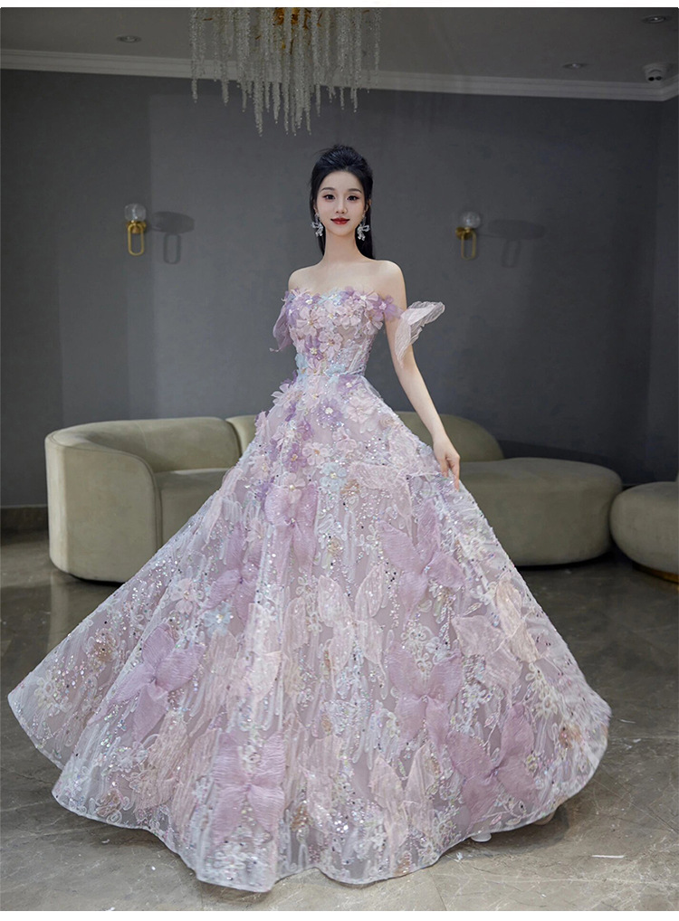 Damen Abendkleid Ein Schulter Schmetterling Blumen Feenkleid_voghion.com