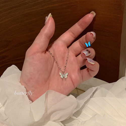Ins Diamond Butterfly Necklace Unique Design Sense Light Luxury Small Butterfly Clasp Necklace for Women with Micro-Zirconia Clasp