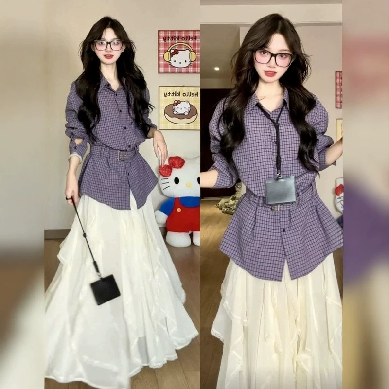 Purple plaid shirt for women, early autumn 2026 new collection, uniquely beautiful and stunning, French-style fitted outerwear for women