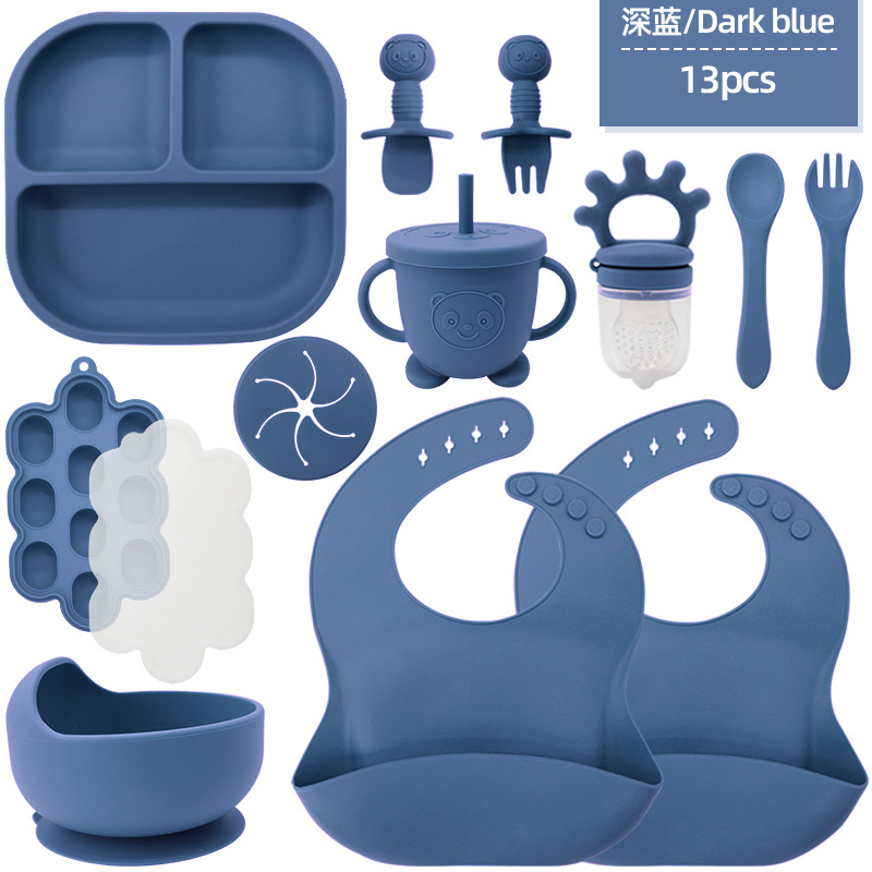 Juego de vajilla de silicona para niños transfronterizos Tazón de comida especial para bebés y niños pequeños Cuchara de silicona de grado alimenticio Juego completo de babero