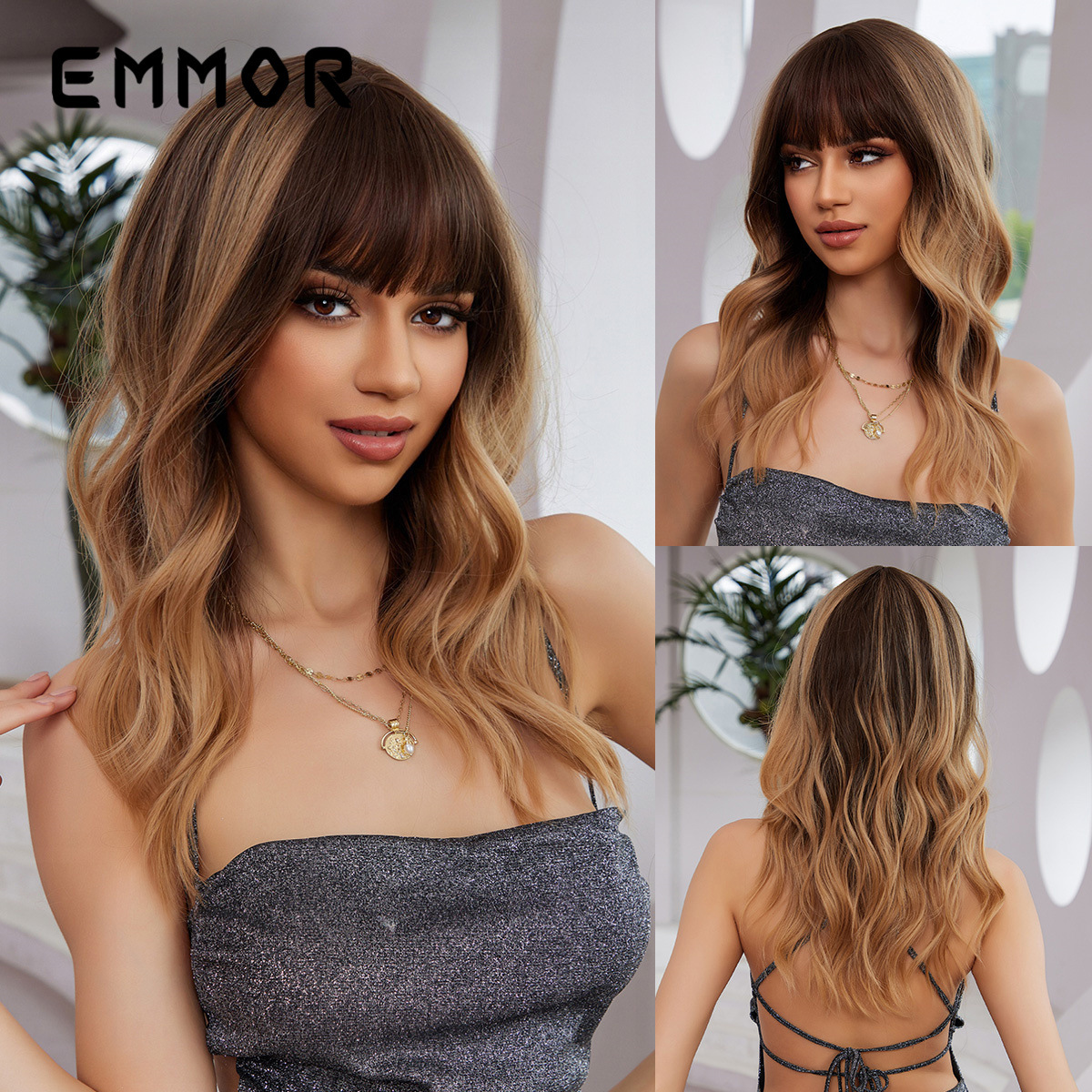 Emmor europeo y americano transfronterizo Amazon fibra química peluca pelucas moda negro gradiente oro Bangs largo pelo rizado