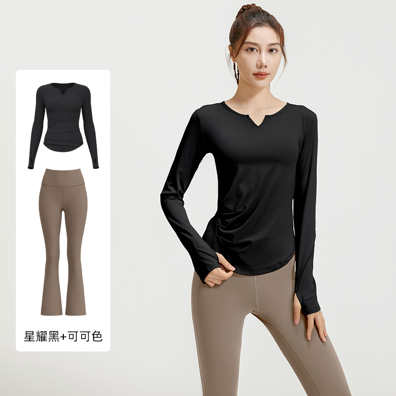 Juyitang otoño traje de yoga con cuello en v pliegues nude delgado delgado delgado traje de fitness largo mujeres